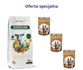 Zestaw: Karma sucha Look4dog CARE Jagnięcina 12kg + 3x400g KEBZOO