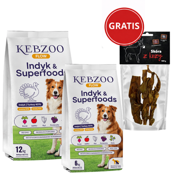 Zestaw: Karma sucha KEBZOO Flow Indyk&Superfoods 12kg+6kg GRATIS