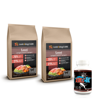 Zestaw: karma Look4dog CARE Łosoś i pstrąg 2PAK: 2x2kg + KRILL OIL