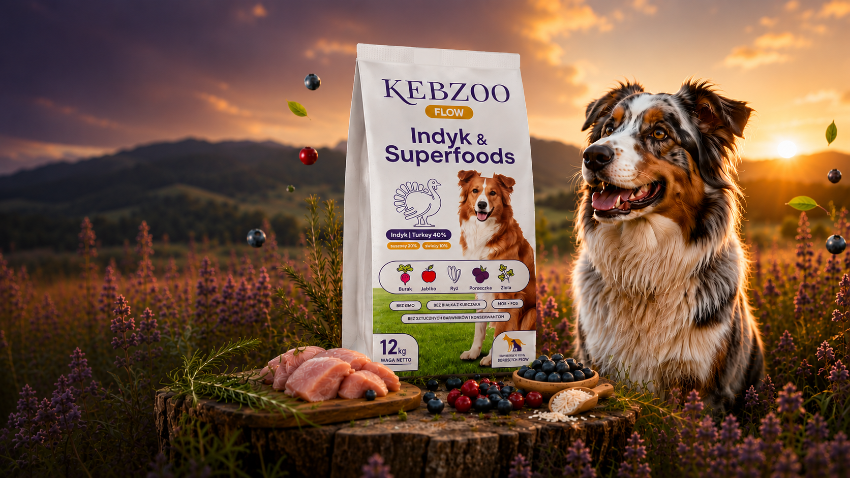 KEBZOO Flow — karma sucha premium z indykiem i superfoodsami. 40% indyka, bez pszenicy, kukurydzy i kurczaka.